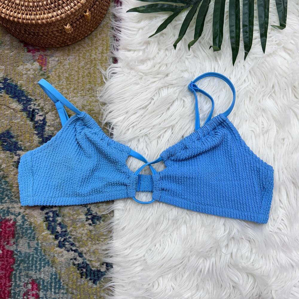 Aerie Blue Scoop Bikini Swimsuit Top Large Cut Out Textured